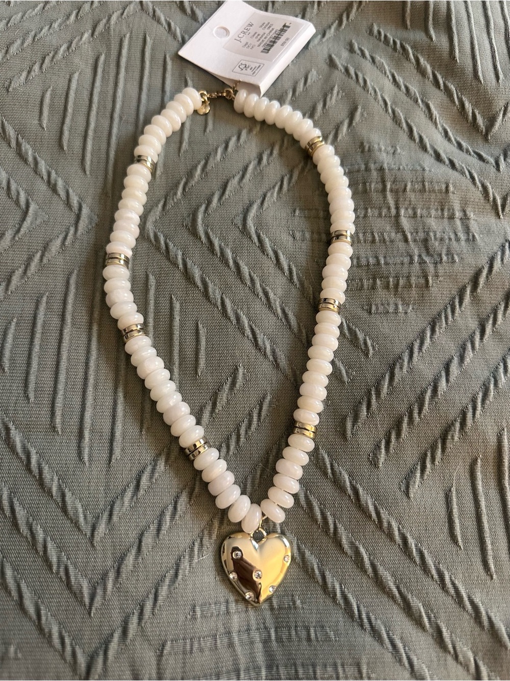 J. Crew White Beaded Necklace with Gold Heart Pendant
